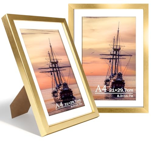 FOSER Bilderrahmen A4, 2 Stück, Versatile Neuer Bilderrahmen Gold, für Wand und Tisch, mit Wandhaken und Halterungen (Gold, A4(21x29,7cm) / 2x)