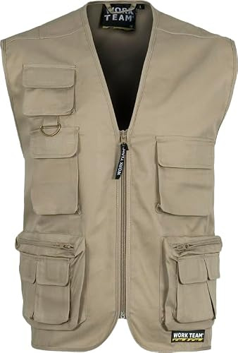WORKTEAM Chaleco Safari Multibolsillos, Chaleco con Cremallera y Bolsillos Funcionales, Escote Pico, Unisex Beige L