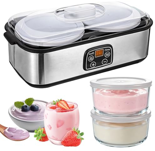Yogurtera eléctrica de 2 litros, yogurtera automática con temperatura ajustable y temporizador digital, yogurtera con 2 recipientes de cristal para yogur casero, queso, vino de arroz, natto