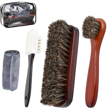 Focenat Juego de 5 cepillos para zapatos, cepillo de pelo de caballo para pulir brillo de zapatos, kit de limpieza de cuero con aplicador de Dauber y paño de microfibra, mango de madera para botas
