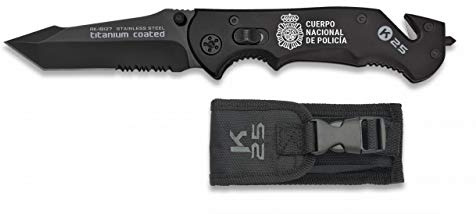 Navaja con grabado CUERPO NACIONAL DE POLICIA K25 Supervivencia con funda incluida Hoja 9 cm para Caza, Pesca, Camping, Outdoor, Supervivencia y Bushcraft K25 19127GR255 + Portabotellas de regalo