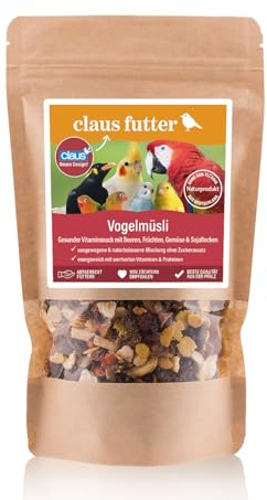 Claus Vogelmüsli | 200 g | Ergänzungsfutter für Ziervögel | Naturbelassener Vitaminsnack mit Beeren, Früchten, Gemüse & Sojaflocken | Vitamin- & proteinreich | Ohne Zucker