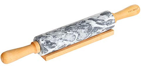 CHEFMADE 18-Zoll Marmor-Nudelholz mit Holzgriffen und Aufbewahrungsständer, antihaftbeschichtet (grau und weiß)