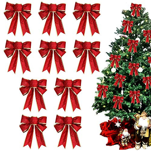 BTGGG 10 Pieces Bows for Presents Christmas Bows Xmas Tree Ornaments Glitter Bowknot Ribbon Christmas Decorations for Presents Box, Party, 25 * 20CM (Red)