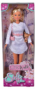 Simba 105733508 - Steffi Love Chic Walk, Puppe in einem modischen Kleid, mit Ohrringen, Gürtel, Tasche und ihrem Hund, 29cm Spielpuppe, für Kinder ab 3 Jahren