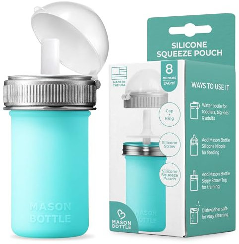 Mason Bottle Silikon-Quetschbeutel mit Strohhalm, wiederverwendbar, für Babynahrung und Snacks, für weiche Lebensmittel und Flüssigkeiten, BPA- und BPS-frei, ungiftig, hergestellt in den USA, Blaugrün