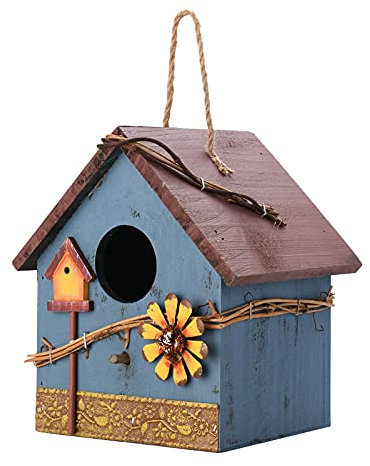 Mokyler Vogelhaus aus Holz, blaue Vögel, Ruheplatz zum Aufhängen, Vogelnest, Gartenbox, handbemalt, Vogelhaus für Wildvögel Haus Gartendekoration