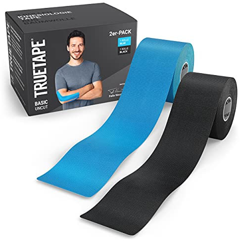 TRUETAPE® Kinesiotape – BASIC Uncut Duo – 2x Rollen (5 m x 5 cm) ungeschnitten – Wasserfestes & Elastisches Kinesiologie Tape – Physiotape mit starker Klebekraft für Alltag & Sport – Blau & Schwarz