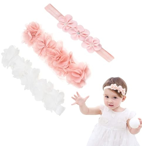 Yuemuop 3 Stück Ripsband Kopfband Baby Schmuck Blumen, Baby Mädchen Kids Turban, Blumen-Stirnband Kleine Mädche für Kleinkind und Baby Mädchen