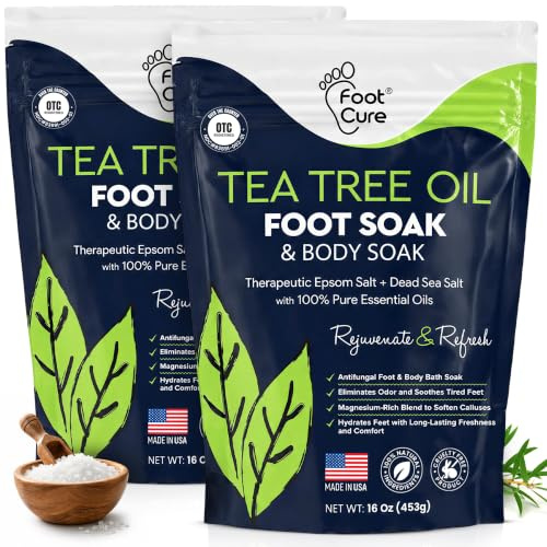 FOOT CURE Tea Tree Oil Foot Soak with Epsom Salt - Best Toenail Fungus Treatment, Athletes Foot & Softens Calluses - Soothes Sore & Tired Feet, Fungal Toe, Foot Odor Scent, Spa Pedicure (Pack of 2)