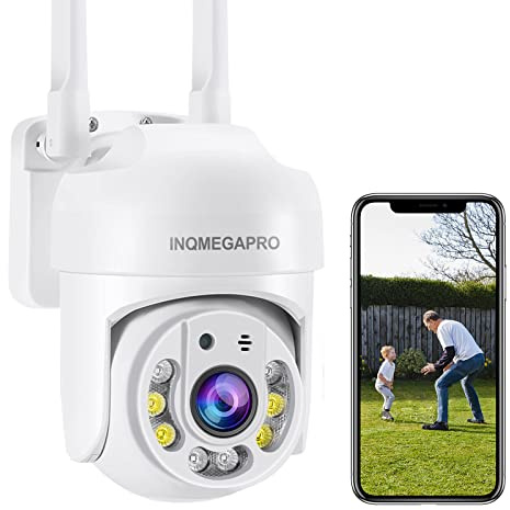 INQMEGAPRO Mini PTZ 360° Wireless Outdoor WiFi Surveillance Camera, 1080P Camera, Colour Night Vision, Motion Detection, Two-Way Audio, Micro SD Card or Cloud Storage