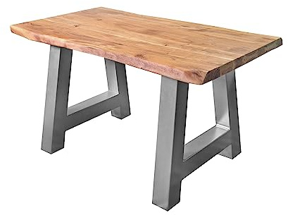 SAM Esstisch 140 x 80 cm Cali, Baumkantentisch naturfarben, Akazienholz massiv, A-Gestell aus Metall Silber, aufgedoppelte Kanten 25+25 mm