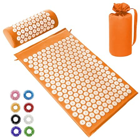 BULZEU Akupressurmatte mit Kissen,Akupressur Set gegen Nacken und Rückenschmerzen,Akupunkturmatte Acupressure Mat Massagematte zur Wohltuenden Entspannung und Massage,mit 8 Massagebälle(Orange)