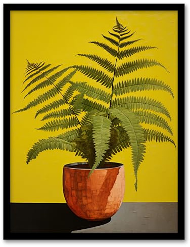 Wee Blue Coo Flourishing Ferns House Plant on Yellow Artwork Framed Wall Art Print 18X24 Inch