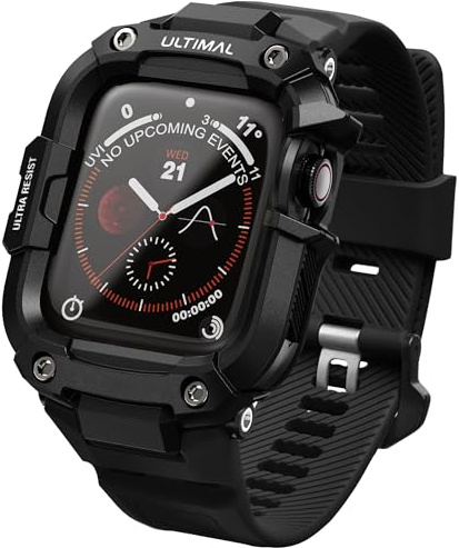 ULTIMAL Case with Band Compatible with Apple Watch Straps Series 9 8 7 45mm, Rugged Military Grade Protective Bumper Cover for iWatch Strap Men (45mm, Black)