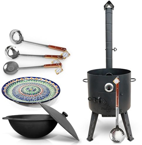 Horno de fuego Utschak Ø 44 cm Termómetro Hierro Fundido Kazan 16 L Ø 46,5 cm Fondo Redondo Lagan Ø 37 cm Espumadera 64 cm 2 espumadera 48 cm Cuchara 48 cm Asia (Set 5)