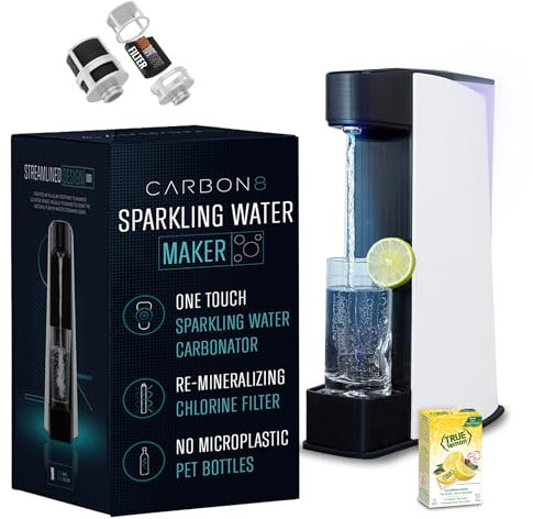 Carbon8 Sparkling Water Maker Machine, Home Soda Stream Machine, Screw-In CO2 Carbonator, Countertop Water Mineralizer, Seltzer Soda Maker Dispenser, CO2 Cylinder Not Included, White