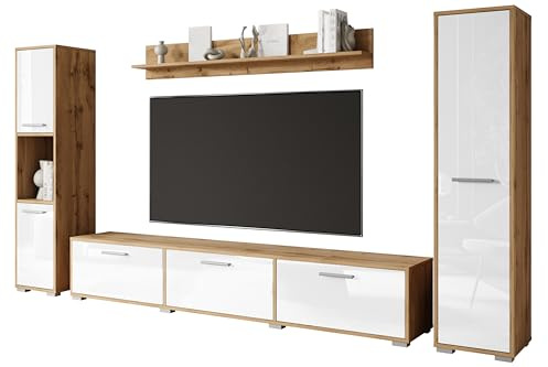 MINIO go for it - Wohnwand Wohnzimmer 4-teilig Toga, Wohnzimmer Möbel Set, 1x TV Lowboard, 2X Hochschrank, 1x Wandboard, Wohnzimmermöbel Komplett, Wohnzimmer Set - Farbe Wotan Eiche/Weiss Hochglanz