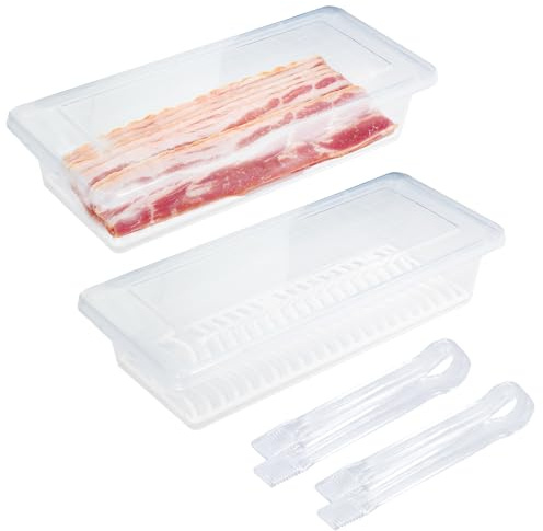 Caylielam 2-Pack Bacon Keeper Containers for Refrigerator, Airtight Fridge Meat Food Storage Boxes with Lids and Tongs, Clear and Reusable Plastic Fruit Cheese Eggs Serving Holder, Microwave Safe