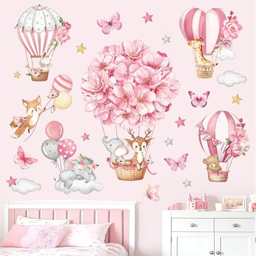 decalmile Rosa varmluftsballong djur väggdekaler blommor ballonger elefant rådjur räv väggklistermärken flickrum baby barnkammare barn sovrum väggdekor