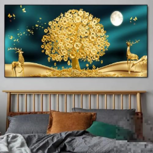 AINIBPO Großer luxuriöser Glücksbringer, goldener Geldbaum, Leinwanddruck, Blumenpflanzenmalerei, Hirsch, goldenes Blatt, Poster, Wohnkultur, Wandkunst, Bild, 75 x 150 cm, rahmenlos