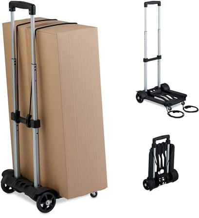 Relaxdays Transportwagen, klappbar, Teleskopgriff, 2 Lenkrollen, Spanngurte, bis 25 kg, kleine Transportkarre, schwarz