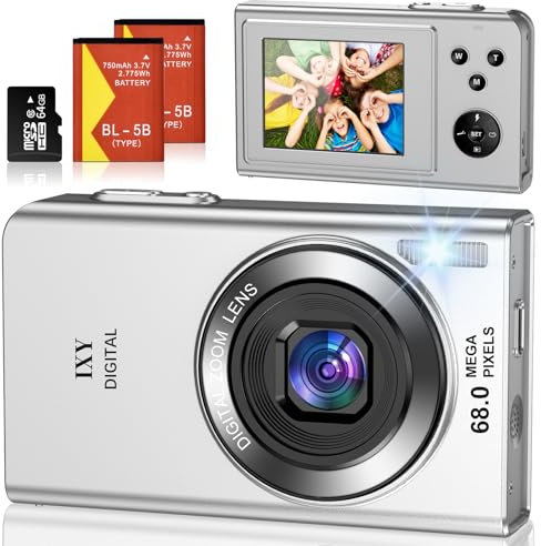 Macchina Fotografica Digitale 68MP 4K Fotocamera Digitale con Zoom Digitale 16X Ricaricabile Macchina Digitale Compatta con Scheda da 64GB per Bambini Studenti Principianti (Argento)