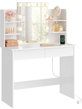WOLTU Toeletta Trucco con Specchio e Luci LED, Postazione Make-up con Presa Elettrica Integrata, 10 Lampadine Dimmerabili, 2 Cassetti e 4 Ripiani, Scrivania da Camera, Legno, 90x40x135cm