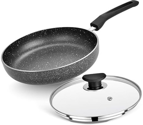 STL Non-Stick Frying Pan with Glass Lid 26cm, Durable Aluminum Skillet with Cool-Touch Handle, Scratch-Resistant, PFOA-Free, Compatible with Induction, Gas, and Electric Stoves