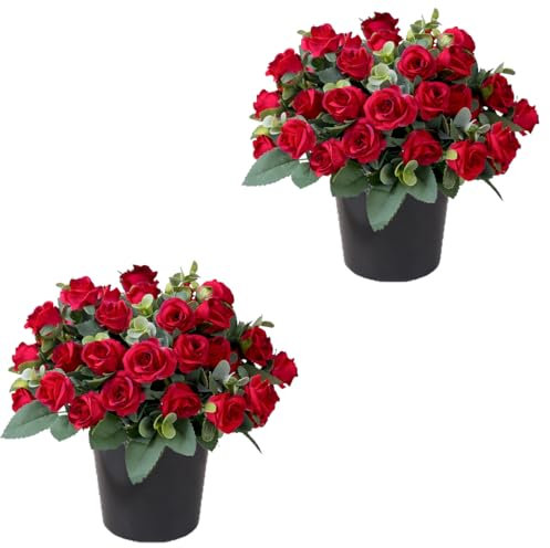 Etomvoop 2 flores artificiales para tumbas en macetas, 22 cabezas de seda, eucalipto, cementerio, funerario, flores reales como ramo falso para tumba al aire libre, conmemorativo, Pascua, Navidad,