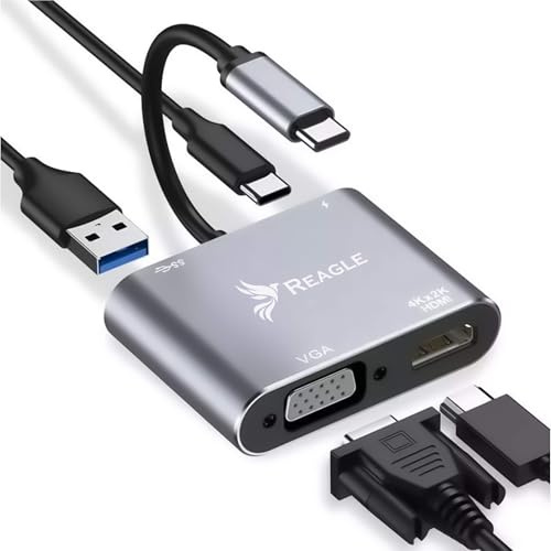 ​Reagle 4-IN-1 USB-C Hub Adapter Multiport mit 4K HDMI, 1080p VGA @60Hz, USB-A 3.2 Gen 1, 87W Power Delivery - Kompatibel mit MacBook, Smartphones, Aluminiumgehäuse ​