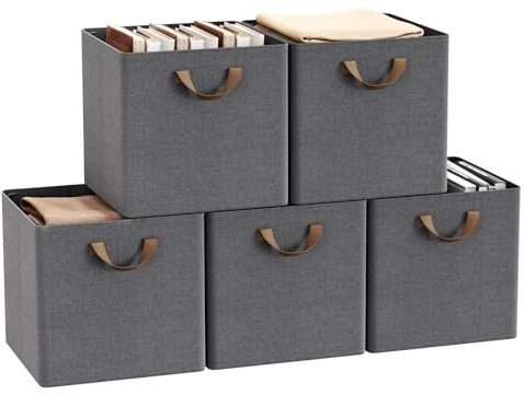 WOLTU Set di 5 Cubi di Tessuto, Scatole Ripiegabili da Ripiano con Maniglia e Telaio in Metallo, Grigio, 32,5x32,5x31cm