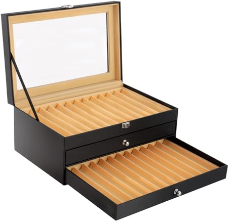 Fyssnn Füllfederhalter Display Box PU-Leder 3 Etagen Füller Schaukasten Pen Halter Aufbewahrungsbox mit Vitrine Füller Sammelbox für Schreibgeräte, Büros, Schulen, 36 Slot, Schwarz