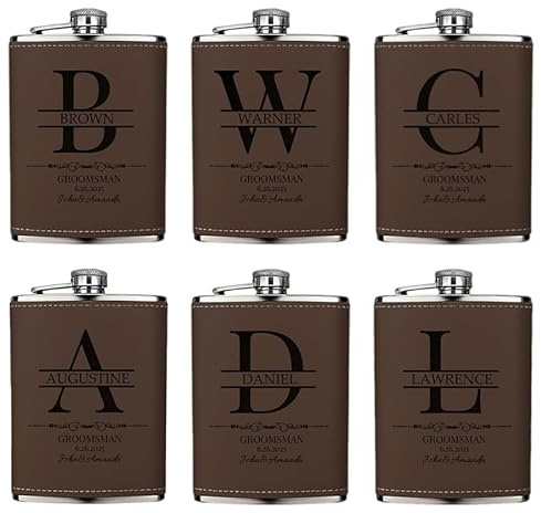 Set of 6 Personalised Hip Flasks for Men, Groomsmen Best Man Gifts with Initial for Wedding, 8oz Custom Leather Engraved Drinking Flasks for Bachelor Party Christmas Birthday Gifts, Coffee