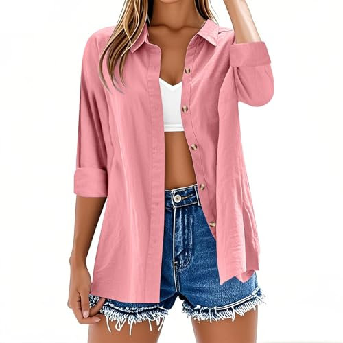 Womens Tops Long Sleeve Casual Button Down Cotton Linen Shirts Solid Color Summer Tshirts V Neck Roll Up Collared Loose Oversized Tees Lightweight Dressy Blouses Office Work Ladies Tunic Tops