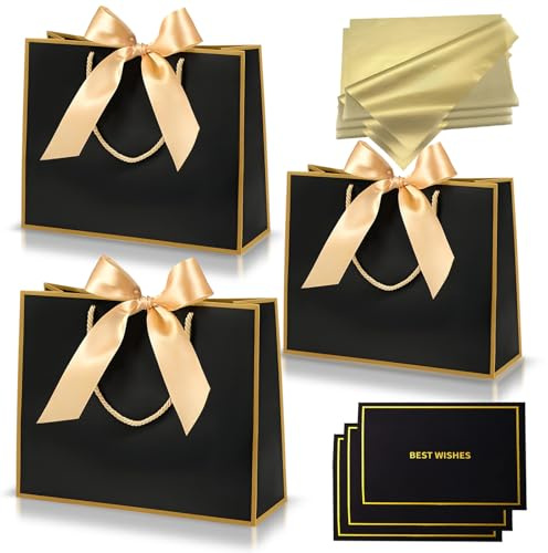 3 pièces Sacs Cadeau Or Noir,Pochettes Cadeau en Papier Moyen avec Anse,Emballage Cadeaux avec Ruban d'Arc 3 Cartes 6 Mouchoirs,pour Anniversaires Mariages Fêtes Noël Paquet Luxe Elégantes