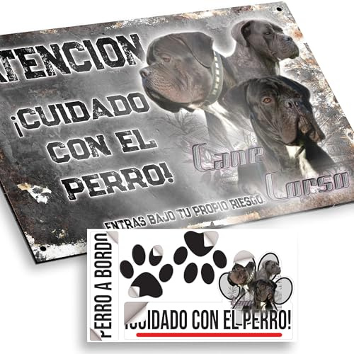 Cane Corso macho Cartel de Cuidado con el Perro 20x12,5cm - Diseño Vintage Dibond con Pegatina Coche Premium 20x5cm