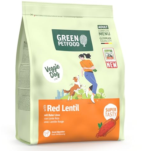 Green Petfood VeggieDog med röd lins (1 x 900 g) | Vuxen | Premium torrfoder för vuxna hundar | 100% vegetarisk | vetefri | särskilt kompatibel med loppfröskal | 1-pack