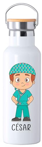 Botella Térmica Personalizada para Veterinaria, Tapa de Bambú, Diseño con Mascota, Nombre y color del pelo personalizado (ENFERMERO)