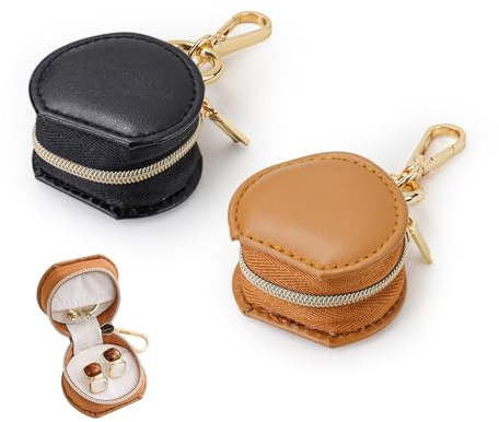 LELE LIFE Reise-Schmuck-Ringhalter, Schlüsselanhänger, Mini-Schmuck-Reiseetui, kleine Ringe, Ohrringe, Ohrstecker, Halskette, Aufbewahrungsbox, Braun + Schwarz, 2 Stück