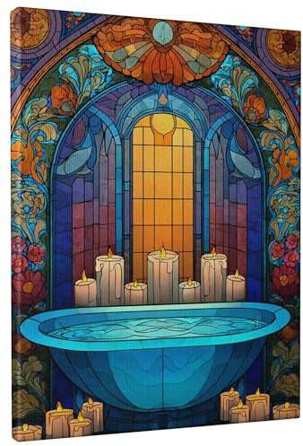 Stained Glass Water Basin Canvas Wall Art, Blue and Orange Religious Decor, Vintage Church Aesthetic Artwork for Living Room, Bedroom, Bathroom, Sanctuary, Wrapped Canvas 8x10 Inch