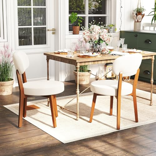 Ckaff Set di 2 Sedie da Pranzo, Sedie da Cucina in Lino, Poltrone da Salotto con Gambe in Legno, Sedia Imbottita Sala da Pranzo per Sala da Pranzo Cucina Soggiorno Camera da Letto, Beige
