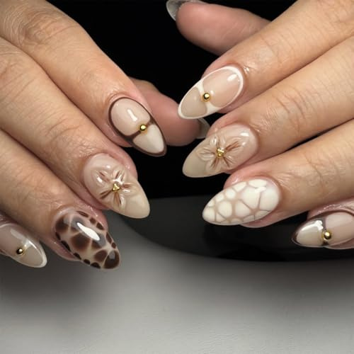 Nymora 24-teilige Press On Nails, Kurze Mandelform mit 3D-Blumen, Braune Künstliche Nägel zum Aufkleben, Glänzende Nail Art