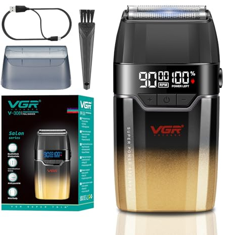 VGR 308 Rasoir Electriques Hommes, Foil Shaver Homme avec Double Lame Flottante en Titane et Moteur Haute Performance de 9000 Tr/Min, Rasoirs à Grille Homme avec Affichage LED, Recharge USB, Or
