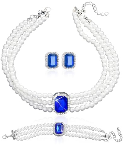 LjFrexia 3 Piezas de Joyas de Perlas para Mujer, Collar Choker de Cristal con Perlas, Pulsera y Pendientes, Joya Multifila con Colgante de Cristal Azul, para Mujer, Novia, Dama de Honor