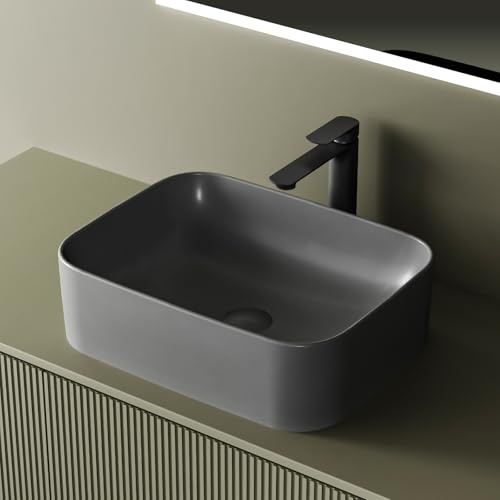 EMKE Aufsatzwaschbecken Rechteckig 50,5×38,0×15,0 cm – Keramik Waschbecken, Waschschale für Gäste-WC & Bad – Ohne Hahnloch & Überlauf, kratzfest & leicht zu reinigen, Grau Matt