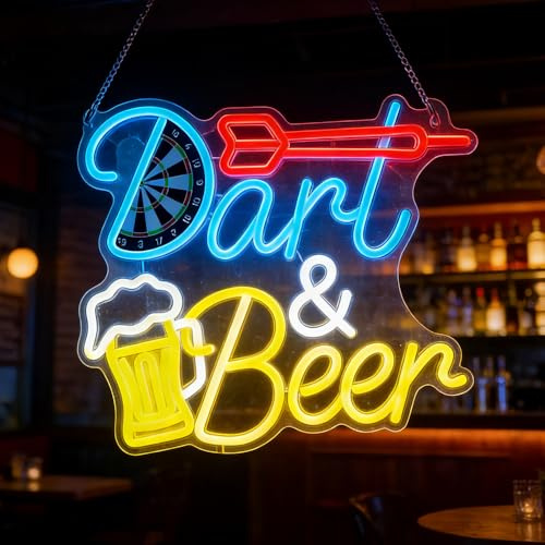 Bier Dart Neon Schild, Beer Darts Led Schild mit 10 Einstellbare Helligkeitsstufen und Schalter, USB Ladefunktion Wand Bar LED Neon, Dekorationen für Männerhöhle Bar Club, Dart Geschenke für Männer