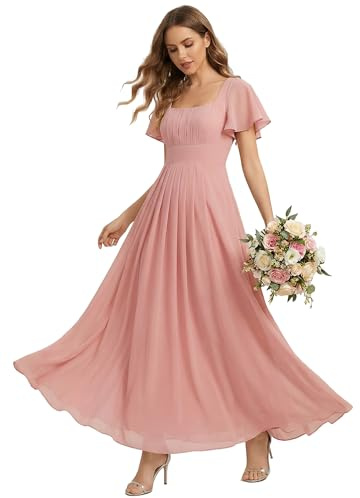 Ever-Pretty Women's Bridesmaid Dress Floor Length Chiffon Square Neck with Natural Waist and Short Sleeves 02703