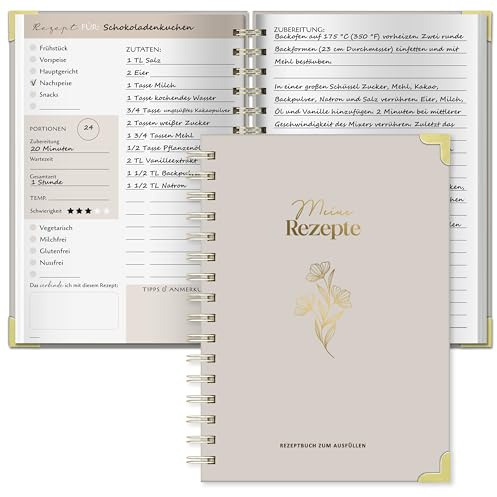 BIROYAL Rezeptbuch zum Selberschreiben, 120g dickes Papier ohne Durchbluten, Spiralbindung, A5 Format - 100 Rezepte à 2 Seiten, mit Umrechnungstabelle und Saisonkalender für Obst, Gemüse und Kräuter