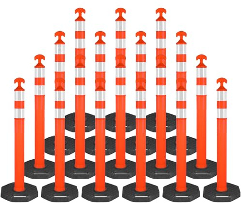 42 Traffic Delineator Posts, Safety Cones with Reflective Collars and Heavy Duty Rubber Base for Road Safety, Parking Lots and Construction Zones(18 Pack, 42)